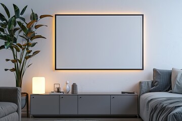 A single blank white frame hangs above a sleek media console in a modern living room