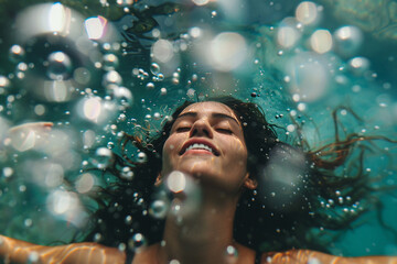 Woman smiling underwater surrounded by bubbles