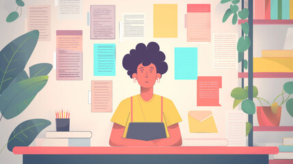 Fototapeta premium A tranquil illustration of a focused student reading intently on a digital tablet amidst a calm home study space
