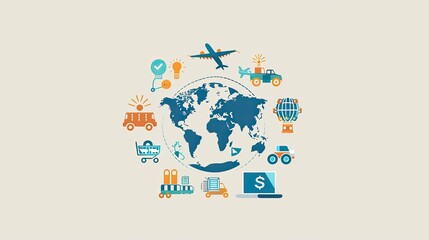 Global Reach, Seamless Delivery: Logistics Logo with World Map, Transport Icons