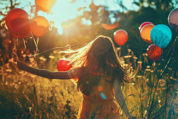 Young girl with colorful balloons in sunlit field