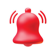 Red plastic ringing hand bell icon 3d realistic on white. Notification alert bell for social media notice event reminder, website and app element three-dimensional rendering vector illustration