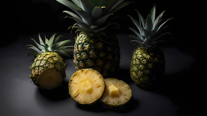 Pineapples on a black surface. Fruits and vegetables, panoramic view