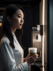 Asian girl in white near self-service coffee machine