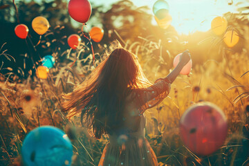 Young woman surrounded by colorful balloons in a sunny field at sunset