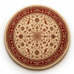 Obraz premium Round vintage carpet with red and beige floral damask pattern isolated on white background Top view of retro home decor