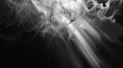 An artistic depiction of smoke in a dynamic and flowing black and white pattern, creating a sense of mystery and movement