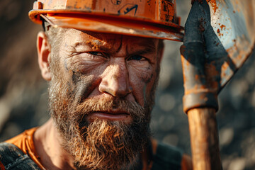 male construction worker with a stern look holding a shovel and wearing a rusty orange safety helmet