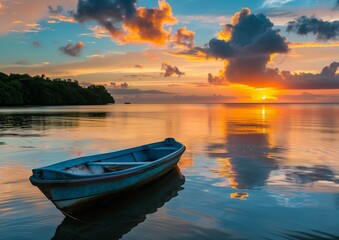 Serene Sunset View with Single Boat on Calm Tropical Waters