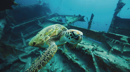 Obraz premium A loggerhead sea turtle diving deep into the ocean to explore a shipwreck. 