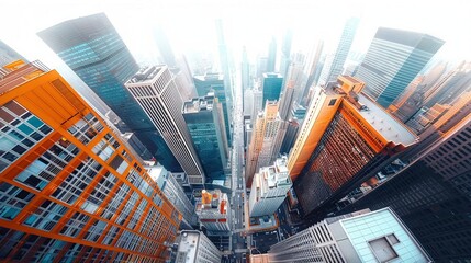 A stunning aerial view of a modern city with skyscrapers reaching for the sky. - Powered by Adobe