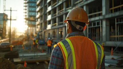 Engineer working on building construction site with sunset background. Engineering and architecture concept.