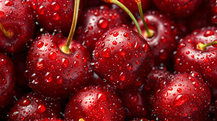 Many sweet ripe cherry with water drops as background