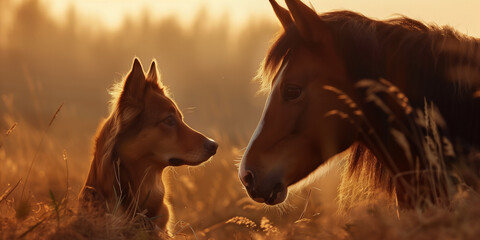 A dog and a horse face-to-face in golden hour light.