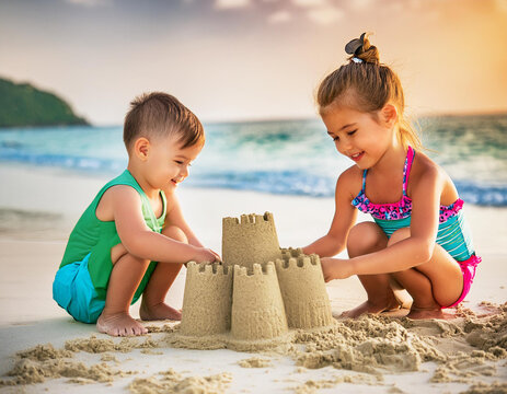 Dzieci budujące zamki z piasku na plaży. W tle morze. Lato, wakacje, dziecinstwo