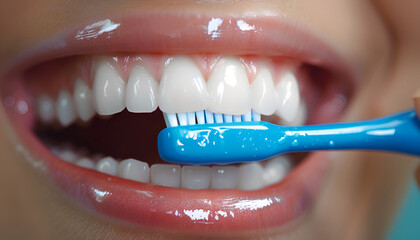 Close up happy smiling woman brushing teeth with tooth brush.