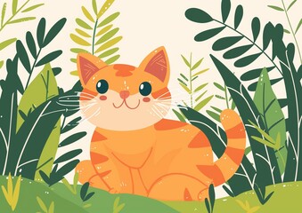 Cute Orange Tabby Cat Cartoon Illustration with Lush Greenery Background
