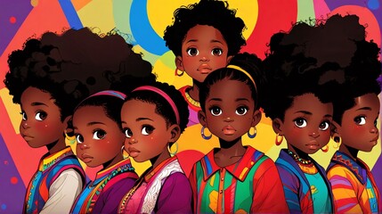 Fototapeta premium Group of diverse young Black girls with natural hair, colorful clothing, and vibrant background, cartoon illustration style