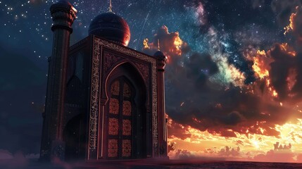Islamic Ramadan greetings with ornamental door and galaxy sky background