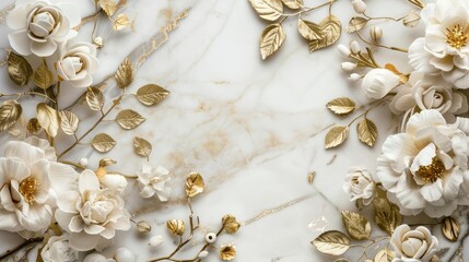 Elegant Display of White and Gold Flowers with Leaves on Pristine White Marble Texture