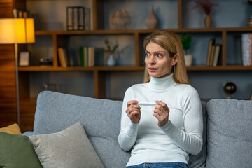 Unhappy woman looking at pregnancy test close up, upset by result, stressed, thoughtful  female...