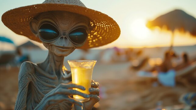 an alien enjoying a summertime mohito at the beach