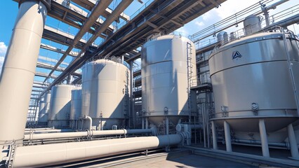 Naklejka premium Industrial chemical plant with large silver storage tanks, pipes, and complex infrastructure under a blue sky, processing facility