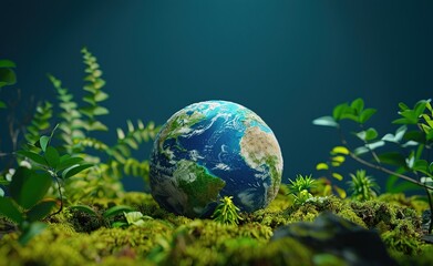 Planet earth on green moss background. Earth Day Concept.