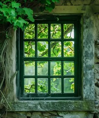 Serene Green Window View with Lush Foliage and Vintage Wooden Frame