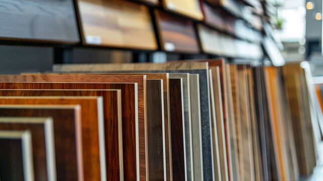 various shades of woods laminates kept on a row as sample with blurry backdrop for text or product backdrop
