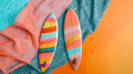 Mini surfboards with beach blanket on color background