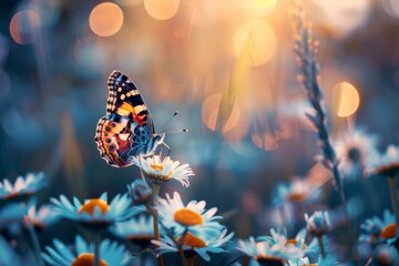 butterfly sitting on a daisy flower - Powered by Adobe