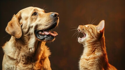Labrador retriever dog panting and ginger cat sitting in front of dark yellow background
