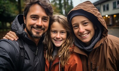 Man and Two Young Girls Taking Selfie