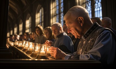 Man Lighting Candle in Church