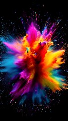rainbow-colored holi powder explosively dispersing against a black background