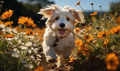 Small White Dog Running Through Field of Flowers