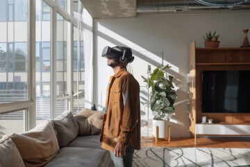 man stands in contemporary living space, engaged with augmented virtual reality glasses