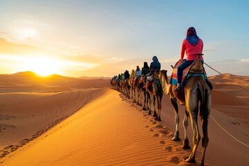 Bedouins on camels travel through the desert