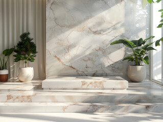 Minimalist White Marble Podium, front view focus, with a Clean Scandinavian Living Room Background
