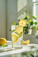 Realistic photo of glass cocktail Lemonade in minimalist interior in white kitchen. Close-up shot in sunlight