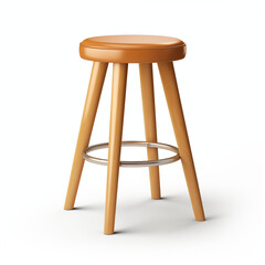 Modern wooden bar stool with brown leather seat and metal footrest isolated on white background 3D rendering
