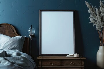A single blank frame leans against a vintage nightstand