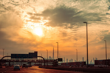 sunset over the Dubai city, panoramic view of the  city during sunset