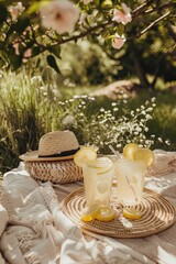 Two glasses of lemonade with lemon and straw hat on tablecloth in garden. Bohemian whimsical vibe aestetics