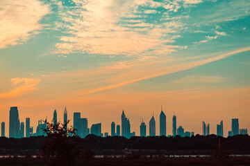 sunset over the Dubai city, panoramic view of the  city during sunset