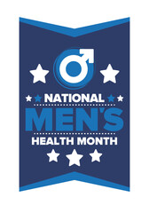 National Men's Health Month in June. Health education program. Celebrated annual in United States. Medical concept. Care and health. Poster, card, banner and background. Vector illustration