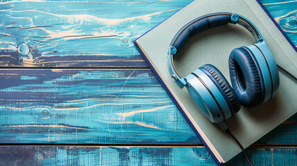 Modern headphones and book on color wooden background
