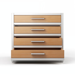 Modern wooden chest of drawers with open drawers isolated on white background 3d illustration