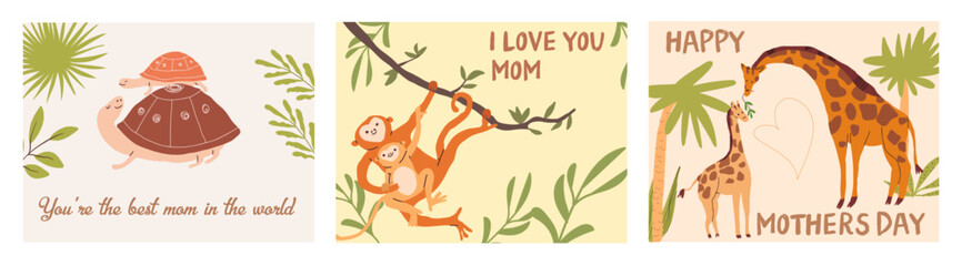 Mother's day card set, greeting card design with cute monkey and giraffe mom and baby. Happy holiday greeting card background, animal, mammal mom and baby cub in tropical jungle, love phrase, quote. © Natalia